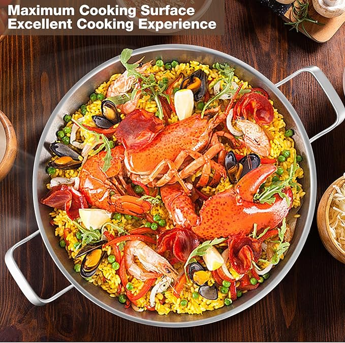 Yeksum Tri-Ply Stainless Steel Paella Pan Large Saute Pan with Lid (Stainless Steel, 13.5 INCH)