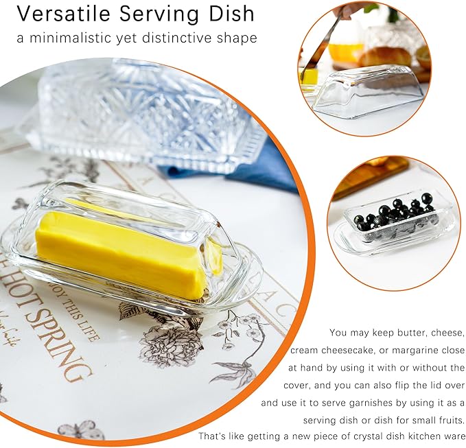 7 Inches Glass Butter Dish with Lid for Countertop - Crystal Glass Butter Keeper Elegant Clear Butter Holder Tray for 1 Stick East Coast,Dishwasher Safe
