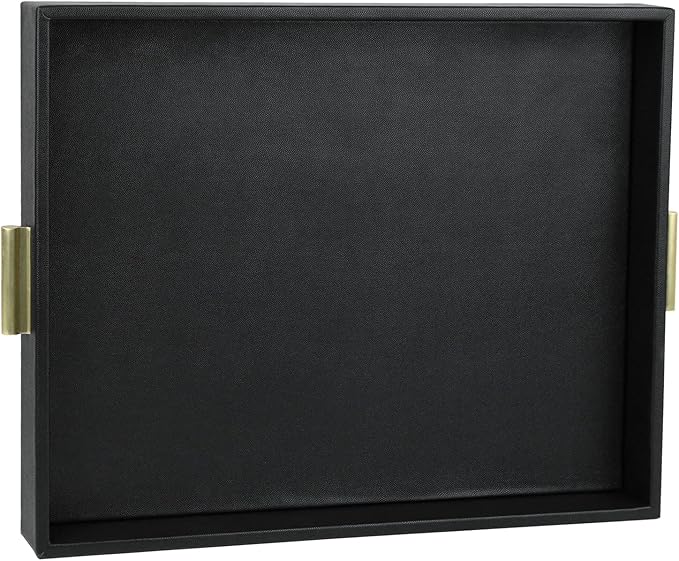 HofferRuffer Extra Large Serving Tray with Handles, Elegant Faux Leather Storage Decorative Tray for Coffee Table, Ottoman, Console Table, 20 x 16 x 2.2 inches (Black Tray+Golden Handle)
