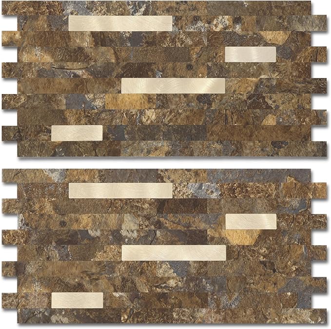Yipscazo 2 Sheets Peel and Stick Stone Metal Backsplash, PVC Wall Tiles Stick on Tiles for Backsplash Kitchen, Bathroom, Fireplace (6'' X 12'', Rustic)