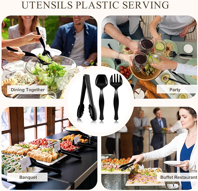 Mwellewm 72Pcs Plastic Serving Utensils Set 9'' Large Disposable Serving Spoons Forks and Tongs for Serving Food Heavy Duty Black Party Utensil Supplies for Buffet Restaurant Picnic Dinner Salad Soup