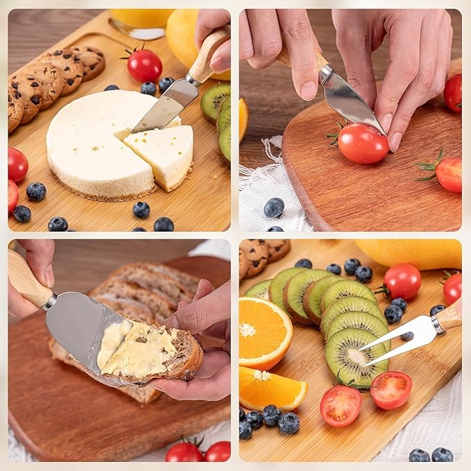 Cheese Knives Set with Gift Box for Charcuterie Board Accessories Stainless Steel Knife with Wood Handle Cheese Slicer Cutter (Wood-6set)