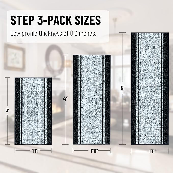 Ottomanson 3-Piece Kitchen Rug Set - Non Slip Runner & Washable Mat - 1'11" x 3' + 1'11" x 4' + 1'11"' x 5' - Durable, Stain Resistant for Entryway, Bedroom and Bathroom, Border Gray
