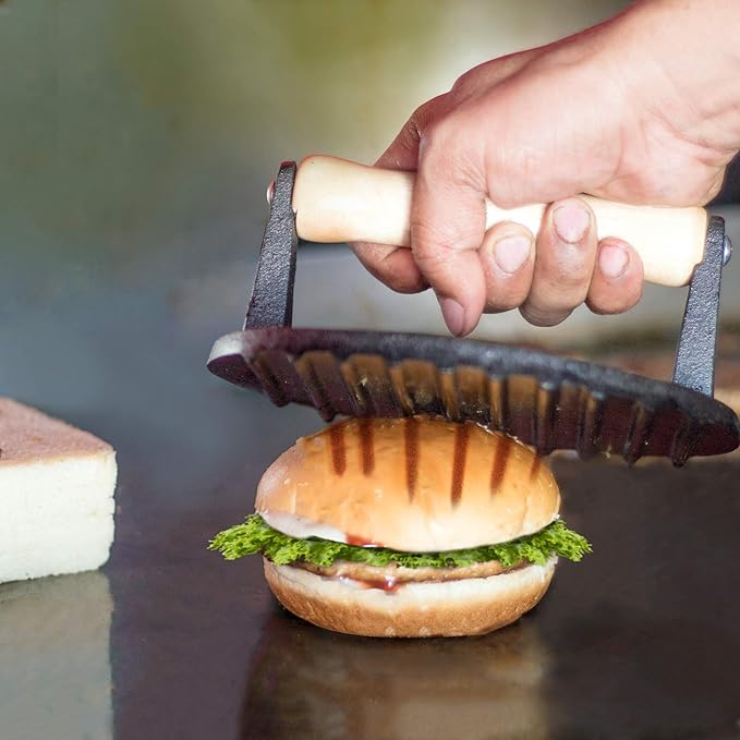 Radicaln Burger Press Round 7 Inches Diameter Heavy Cast Iron Bacon Press with Wooden Handle for Kitchen & Commercial Grade - Pre Seasoned Sandwich & Grill Press - Quesadillas, Hamburgers & Steaks