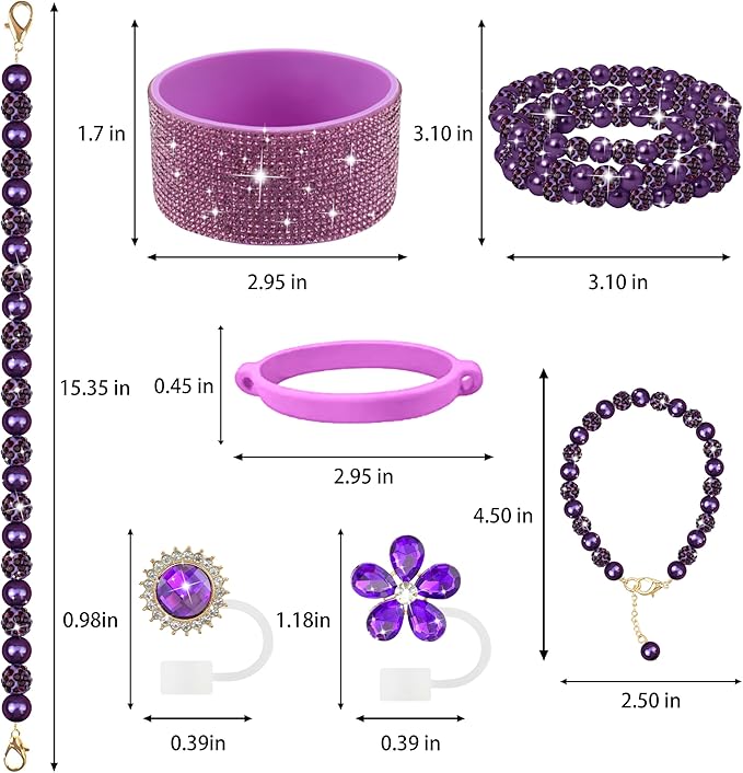 9PCS Dark Purple of Stanley Cup Accessories 30/40 OZ Bling Pearl Rhinestones Charms for Stanley Decorations Tumbler Accessories Including Flower Straw Topper, Rhinestones Boot 30/40 OZ