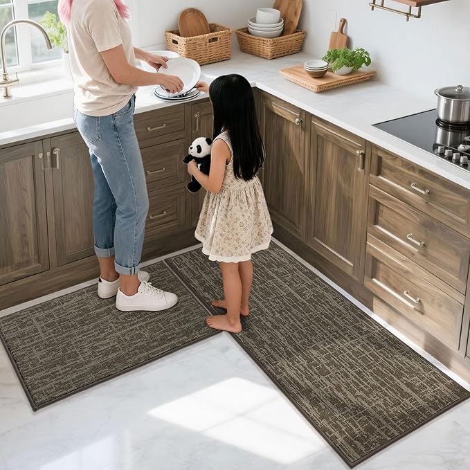 COSY HOMEER Kitchen Rugs 20"x32"+20"x48",Absorbent Soft Kitchen Mats for Floor,Non Slip Kitchen Runner Rug,Washable Kitchen Floor Mats for Sink Mat,Hallway,Laundry,Light Brown