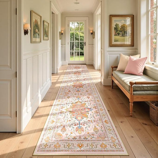 Area Rugs 2'6''x12' Runner Rug Non Slip Washable for Kitchen Hallway Bedroom Beside Laundry Room Bathroom Rug, Floor Carpet, Light Pink Colorful