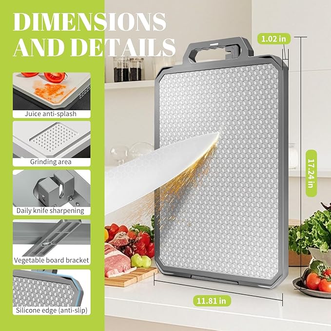 1 PCS Titanium Cutting Board,1 side Titanium Other side Wheat Straw PP, Double Sided Non Toxic Chopping Board for Kitchen, Food Grade, Scratch Resistant Mesh Design, 17.2"*12" Large Size