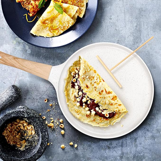 SouxMux Nonstick 9.7-Inch Crepe Pan with Spreader, Ceramic Coated Dosa Tawa Pan, Induction Compatible Flat Skillet for Pancakes, Omelettes, and More with Cool Handle, PFOA Free