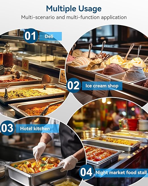 ZeroPone 6 Pack Hotel Pans, Full Size 4" Deep Stainless Steel Steam Table Pan, 20.8" L x 12.8" W 22 Gauge Metal Commercial Catering Food Pans Anti Jam Food Storage Containers