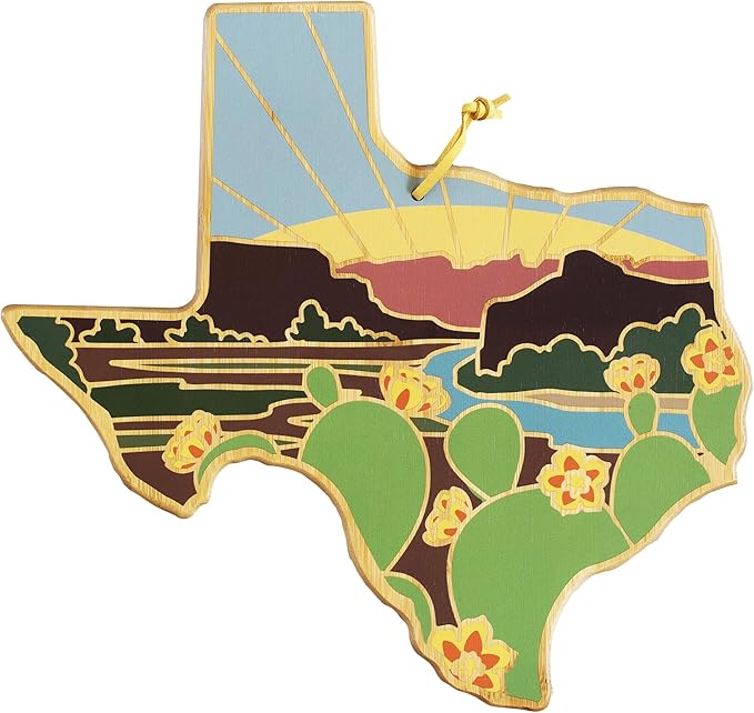 Totally Bamboo Texas State Shaped Cutting Board and Charcuterie Serving Platter with Artwork by Summer Stokes, Includes Hang Tie for Wall Display 14" x 13-3/8" x 5/8"