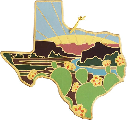 Totally Bamboo Texas State Shaped Cutting Board and Charcuterie Serving Platter with Artwork by Summer Stokes, Includes Hang Tie for Wall Display 14" x 13-3/8" x 5/8"