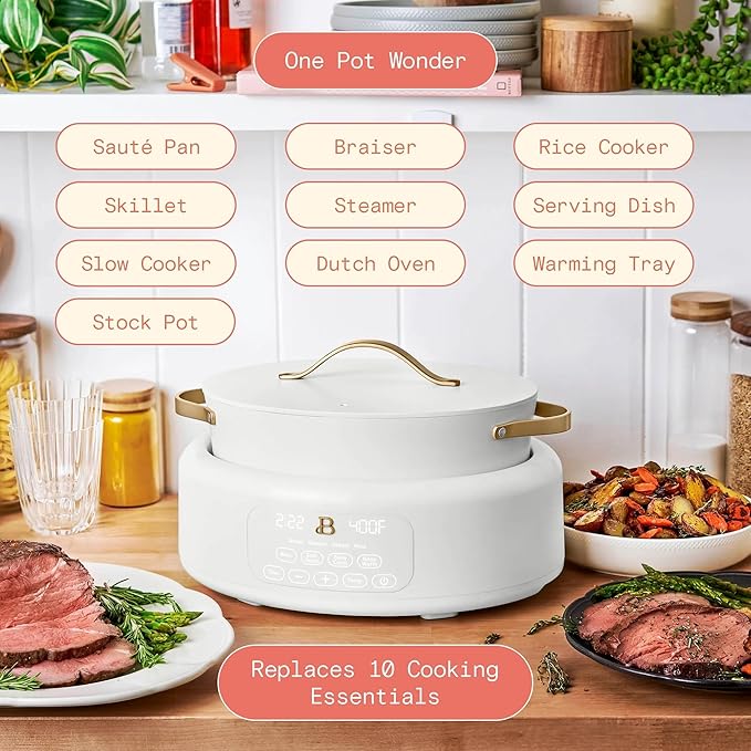 Beautiful 10-in-1 Electric MultiCooker 6 Quart - Programmable Slow Cooker, Sous Vide, Rice Cooker - Sleek Touch Timer & Delayed Start - Kitchen Appliance by Drew Barrymore (White Icing)