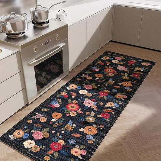 Machine Washable Runner Rug for Kitchen: 2'x6' Hallway Runner Rug Stain Resistant Non Slip Floral Floor Rug with Rubber Backing Non Shedding Soft Carpet Runners for Indoor Entryway Bedroom Bedside