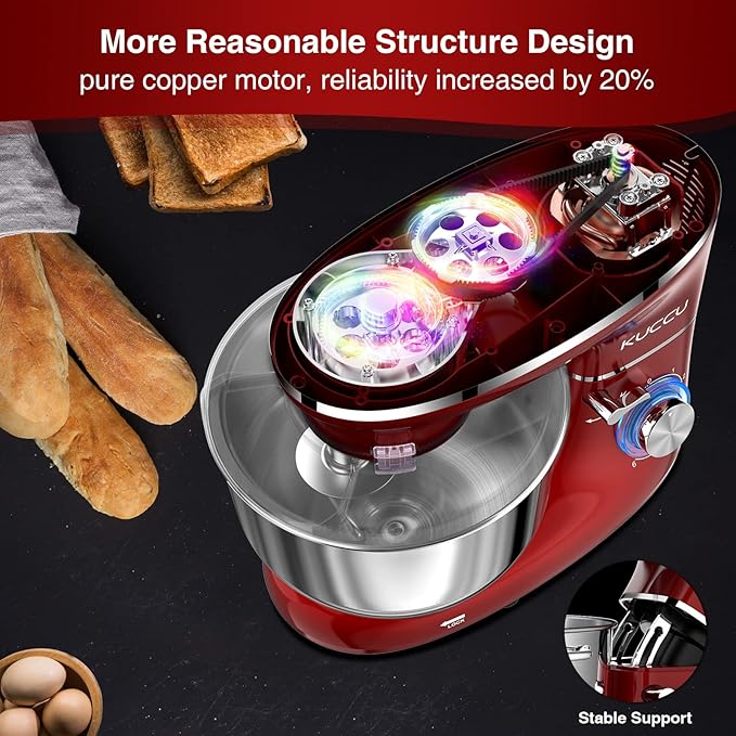 KUCCU Stand Mixer, 6.5 Qt 660W, 6-Speed Tilt-Head Food Dough Mixer, Kitchen Electric Mixer with Stainless Steel Bowl,Dough Hook,Whisk, Beater, Egg white separator (6.5-QT, Red)