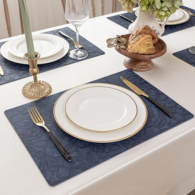 Romanstile Vinyl Placemats Set of 6-12 X 17 Inch - Heat Resistant Non-Slip Embossed Floral Place Mats 100% Waterproof Oilproof Wipeable Faux Leather Table Mats for Kitchen/Dining/Party, Navy Blue