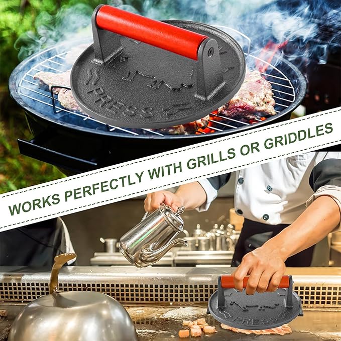 Bacon Press 2.5 lb Heavy Weight Cast Iron Burger Smasher Tool for Griddle,Grill,Skillet,Hamburger,Steak,Patty,BBQ,Sausage,Sandwich Maker,7.2 inch Round