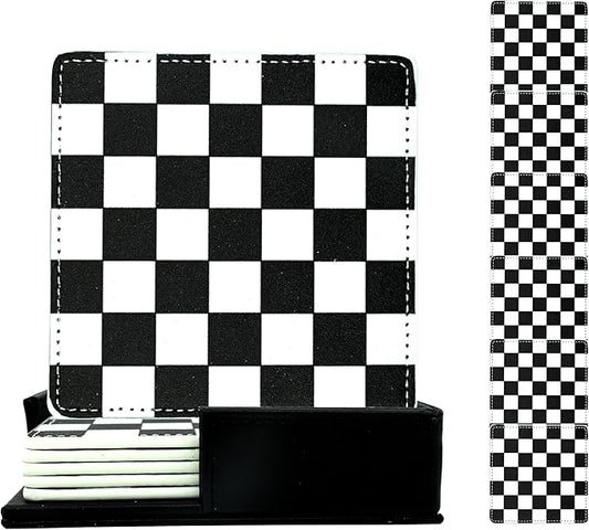 Marble Coasters Square Leather Drinks Coaster Set with Holder for Coffee Table Bar Home Decor 4 Inches Set of 6 (Checkered, One Size)
