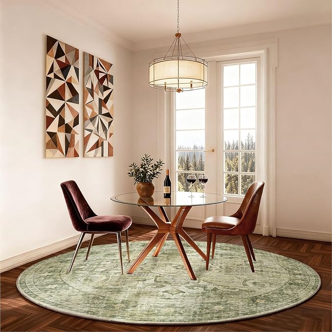 4x4 Round Bedroom Rug Washable: Round Rugs Stain Resistant Green Floral Rug Non Slip Low Pile Small Carpet for Bedroom Kitchen Entryway Living Room Bedside Office Dorm Kids Room Entrance
