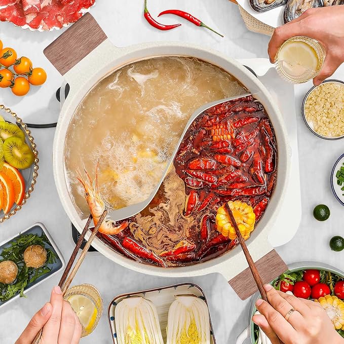 Dezin 5-QT Double-flavor Shabu Shabu Pot with Divider, Dual Sided Nonstick Hot Pot, 12 Inch Divided Stockpot for Cooking, Hotpot for Induction Cooktop, Gas Stove & Hot Burner, Soup Ladle Included
