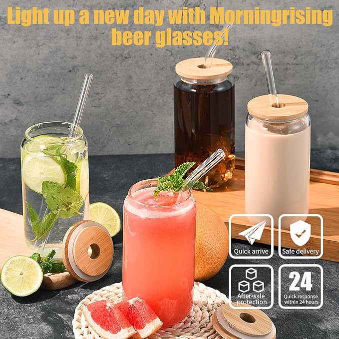 Glass Cups with Lids and Straws Set of 12, 16 oz Glasses Drinking Set, Glass Cups, Iced Coffee Glasses for Beer, Cocktail, Whiskey, Smoothies