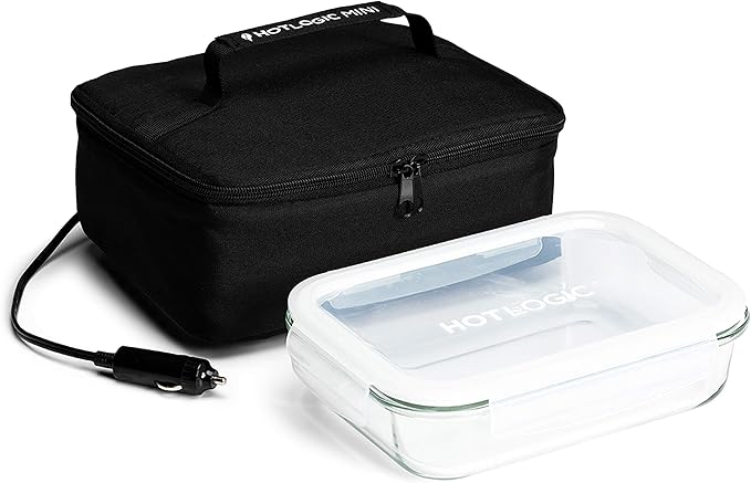 HOTLOGIC Mini Portable Electric Lunch Box Food Heater with Glass Container - Food Warmer and Heated Lunch Box for Adults Car/Home - Cook, Reheat, and Keep Your Food Warm - BLACK - 12V