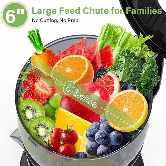 OMMO Juicer Machines, 300W Cold Press Juicer for Whole Vegetables & Fruits with 6'' Large Feed Chute, Slow Masticating Juicer Easy to Clean, High Juice Yield, BPA Free, Black