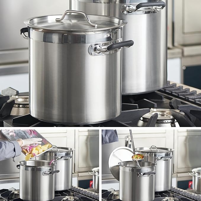 CURTA 12 Quart Large Stock Pot with Lid, NSF Listed, 3-Ply 18/8 Stainless Steel Heavy Duty Cooking Pot, Commercial Cookware for Soup, Stew & Sauce, Riveted Silicone Handle, Induction Ready
