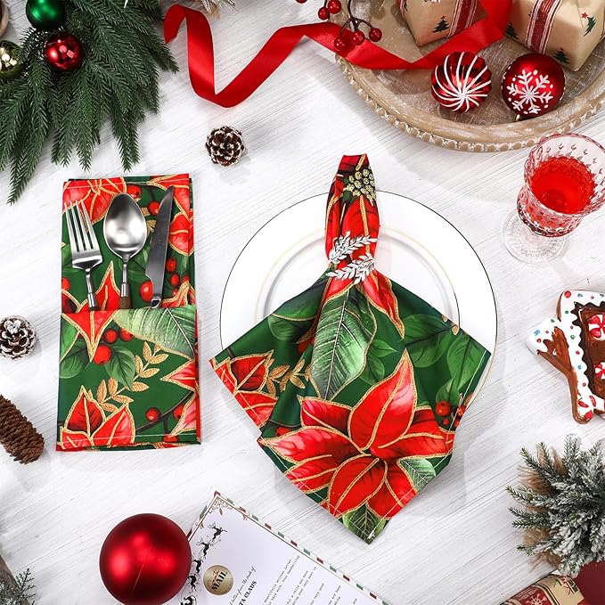 12 Pcs Christmas Poinsettia Cloth Napkin 20 x 20 Inch Poinsettia Cloth Napkins Washable Dinner Guest Napkins for Christmas Holiday Xmas Thanksgiving Dinner Party Supplies, Set of 12