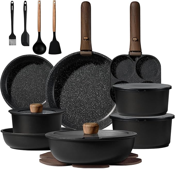 CAROTE 25pcs Pots and Pans Set Non Stick, Cookware Sets, Kitchen Set, Oven/Dishwasher/Fridge Safe, Space Saving Pots Set, Nonstick Set with Versatile Detachable Handle, Induction RV Set, Black