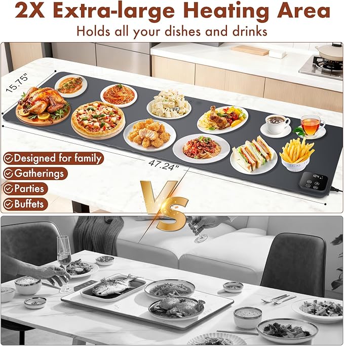 Food Warming Mat - 47.24''x15.75'' Food Warmer, 7-Temp Adjustable Fast Heating, Heat Meals/Keep Food Warm, Silicone Surface for Ceramic/Glass/Metal Containers, 8H Auto Shutoff