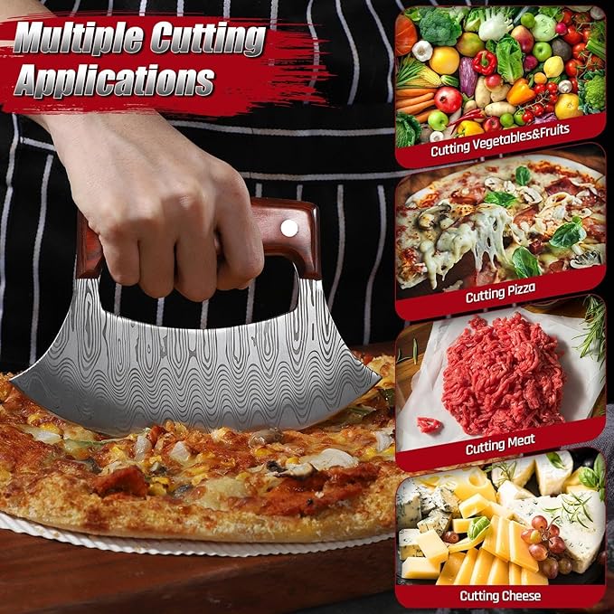 ROCOCO Pizza Cutter Ulu Knife – Full Tang Mezzaluna Rocker Knife with Wood Block for Kitchen Christmas Gifts for Men Women