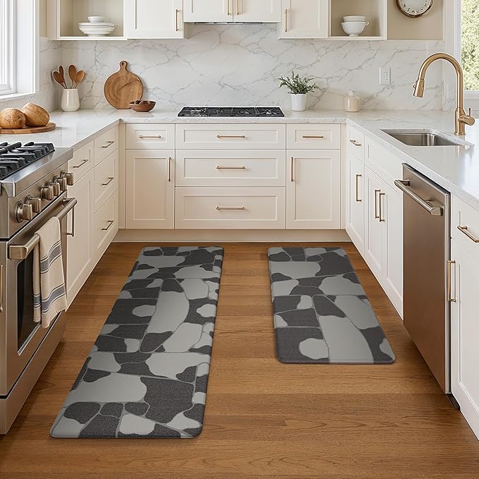 GENIMO Kitchen Mats for Floor 2PCs, Washable Anti Fatigue Mat for Cushioned, 17.3"x47"+17.3"x30", Waterproof Kitchen Rugs, Non Slip Comfort Standing Mat Rug for Sink, Laundry, Home, Black & White
