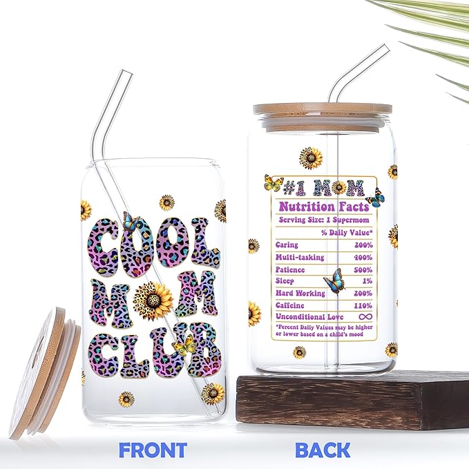 Mothers Day Gifts for Mom 16 Oz Cool Mum Club Glass Coffee Cup with Lid and Straw Funny Mama Drinking Tumbler Unique Birthday Present Ideas for Mother Her Wife from Daughter Son Husband
