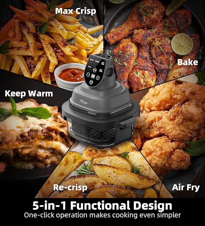 Tixixc 5-in-1 Portable Glass Air Fryer, 4QT & 6-Cup Glass Containers with Lids, Silicone Mat, 1500W Small Air Fryer, 90% Less Oil, Dishwasher/Freezer Safe for Single Servings, Family Meals