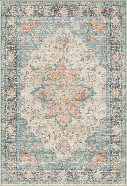 Area Rugs Round 8ft Washable Non-Slip, Floral Vintage Distress Print Pattern Medallion Carpet for Living Room Bedroom Dining Room, Blue Orange Red