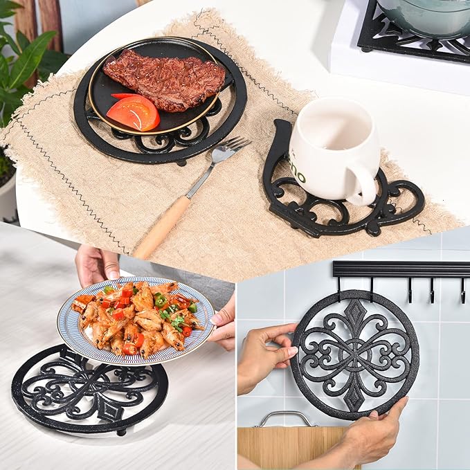 Sungmor Heavy Duty Cast Iron Trivet – 8 Inch Round Metal Hot Pot Stand, Rust-Resistant Heat Protector for Kitchen, Dining Table & Countertop, Black Vintage Decorative Hot Plate Pad