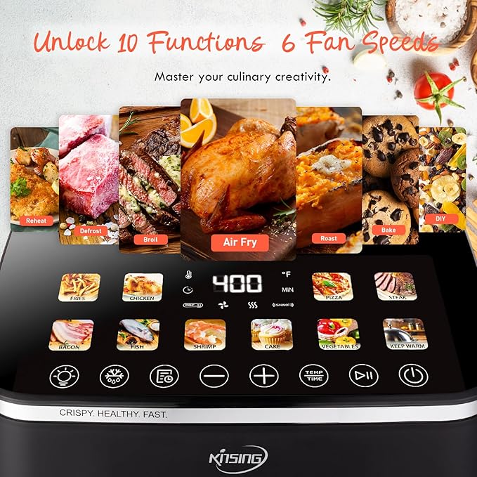 KINSING 10.6 QT Oilless XL Large Air Fryer, 9 Presets & Keep Warm, Stainless Steel Inner Cavity, 400℉ Precise Temp Control, Shake Reminder, Square Non-Stick&Dishwasher Safe Basket,With Visible Window