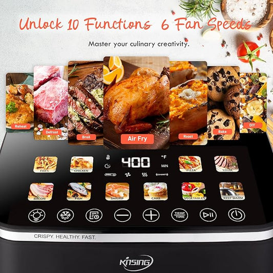 KINSING 10.6 QT Oilless XL Large Air Fryer, 9 Presets & Keep Warm, Stainless Steel Inner Cavity, 400℉ Precise Temp Control, Shake Reminder, Square Non-Stick&Dishwasher Safe Basket,With Visible Window