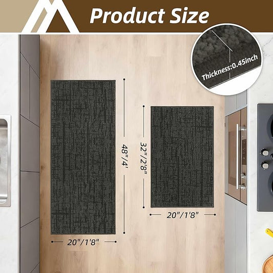 COSY HOMEER Kitchen Rugs 20"x32"+20"x48",Absorbent Soft Kitchen Mats for Floor,Non Slip Kitchen Runner Rug,Washable Kitchen Floor Mats for Sink Mat,Hallway,Laundry,Dark Grey