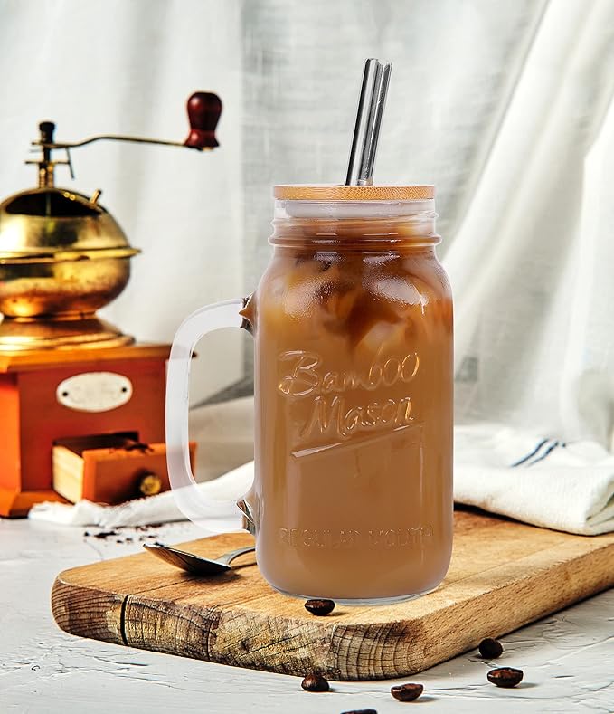 Mason Jar with Lid and Straw, 24oz Regular Mouth Mason Jars with Handle Drinking Glasses Tumbler Reusable Cups Smoothie Water Bottles for Iced Coffee Margaritas Juice Cocktail Travel Office Home
