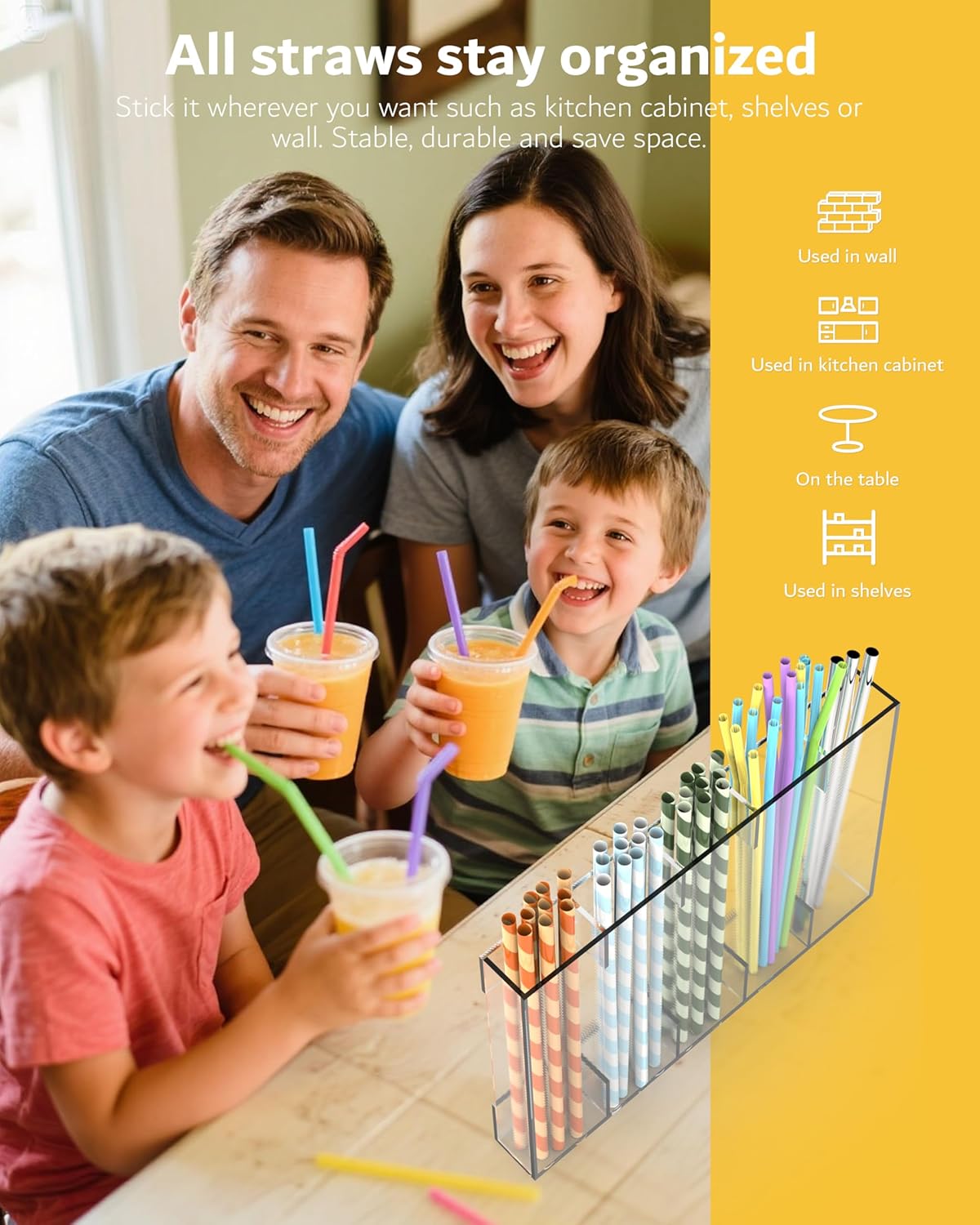 Upgraded 9.6'' Large Acrylic Straw Holder for Cabinet Door, Space-Saving Straw Organizer Storage Dispenser for Cabinet Doors or Countertops, Strong Adhesive Double-sided Tape Included