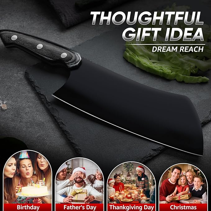 Dream Reach Meat Cleaver Knife- Full Tang Hand Forged Black Butcher Knife for Kitchen BBQ, Birthday Mother Father Gift