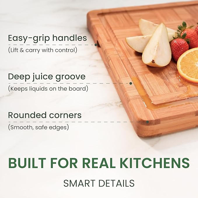 Premium Carbonized Bamboo Cutting Boards – Durable Wooden Chopping Boards with Juice Grooves – Small, Medium, Large & 3-Piece Set – Eco-Friendly, Thick, Crack-Resistant, Easy Grip (Large)