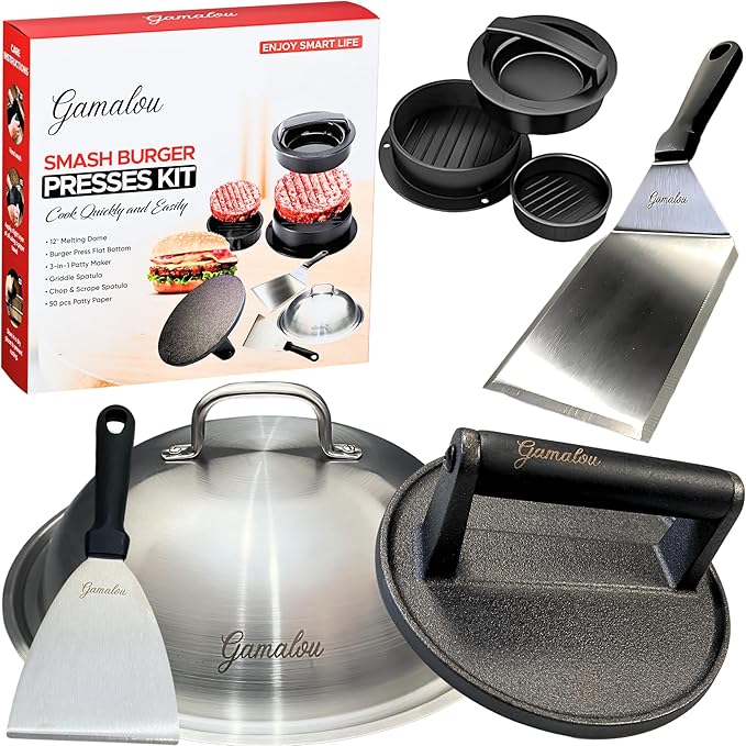 Gamalou® Smash Burger Press Kit: 7" Cast Iron Grill Press, 12" Melting Dome, 3-in-1 Patty Maker, 4.3" Spatula & 4" Scraper, Griddle Accessories for Blackstone, Grills, Flat Top, BBQ, Fry Pan