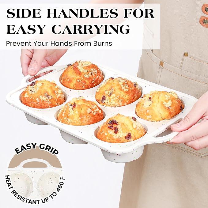 AOTASO 2 Pcs Jumbo Muffin Pan with Metal Frame, Nonstick 6 Cup Extra Large Cupcake Pan for Baking, Silicone Deep Muffin Tray for Egg Bites (Cream)