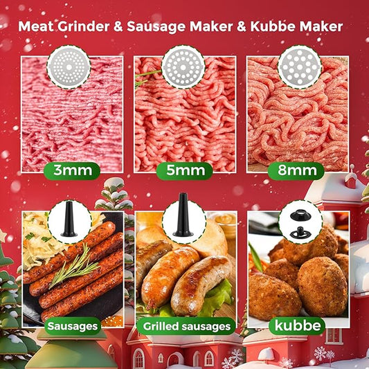 Flyseago Electric Meat Grinder, Cheese Grater 3000W Multifunctional Meat Grinder with Juicer, Vegetable Cutter Veggie Slicer, Shredder, Meat Chopper, Sausage Stuffer, Kubbe Kit, Home Use