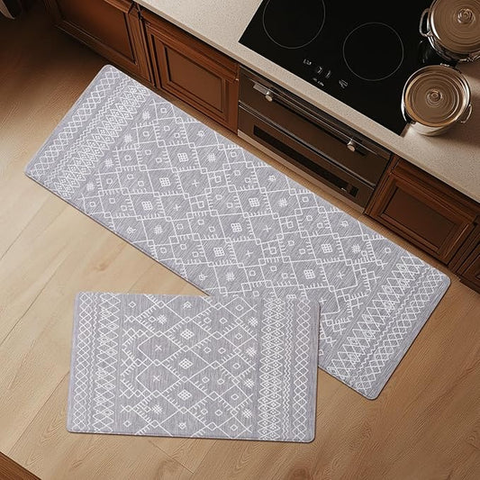 FRESHMINT Anti Fatigue Kitchen Mats for Floor 2 Piece Set, Waterproof & Non-Skid Moroccan Geo Kitchen Rugs, Cushioned Kitchen Mat for Standing Washable Comfort Desk Kitchen Runners, 17x30''+17x47''