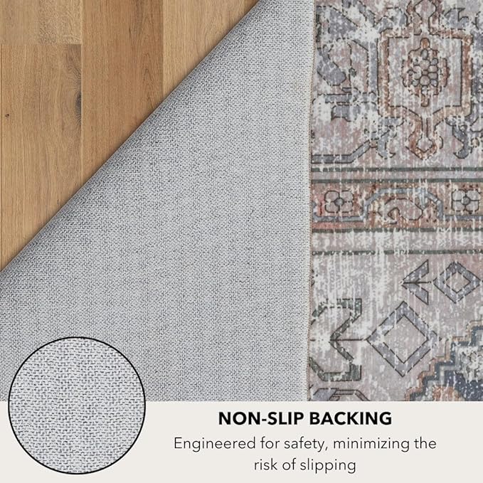 Kuden 3x5 Small Rug, Machine Washable, Non-Slip Backing, Vintage Style, Soft, Low Pile, Area Rugs for Entryway Kitchen Indoor Entrance