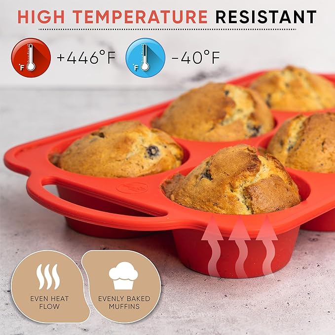 BAKE BOSS [2 PACK] Jumbo Muffin Pan, 3.5" Large Muffin Pan 6 Cup - Silicone Jumbo Muffin Tin for Baking BPA Free Non Stick - RED